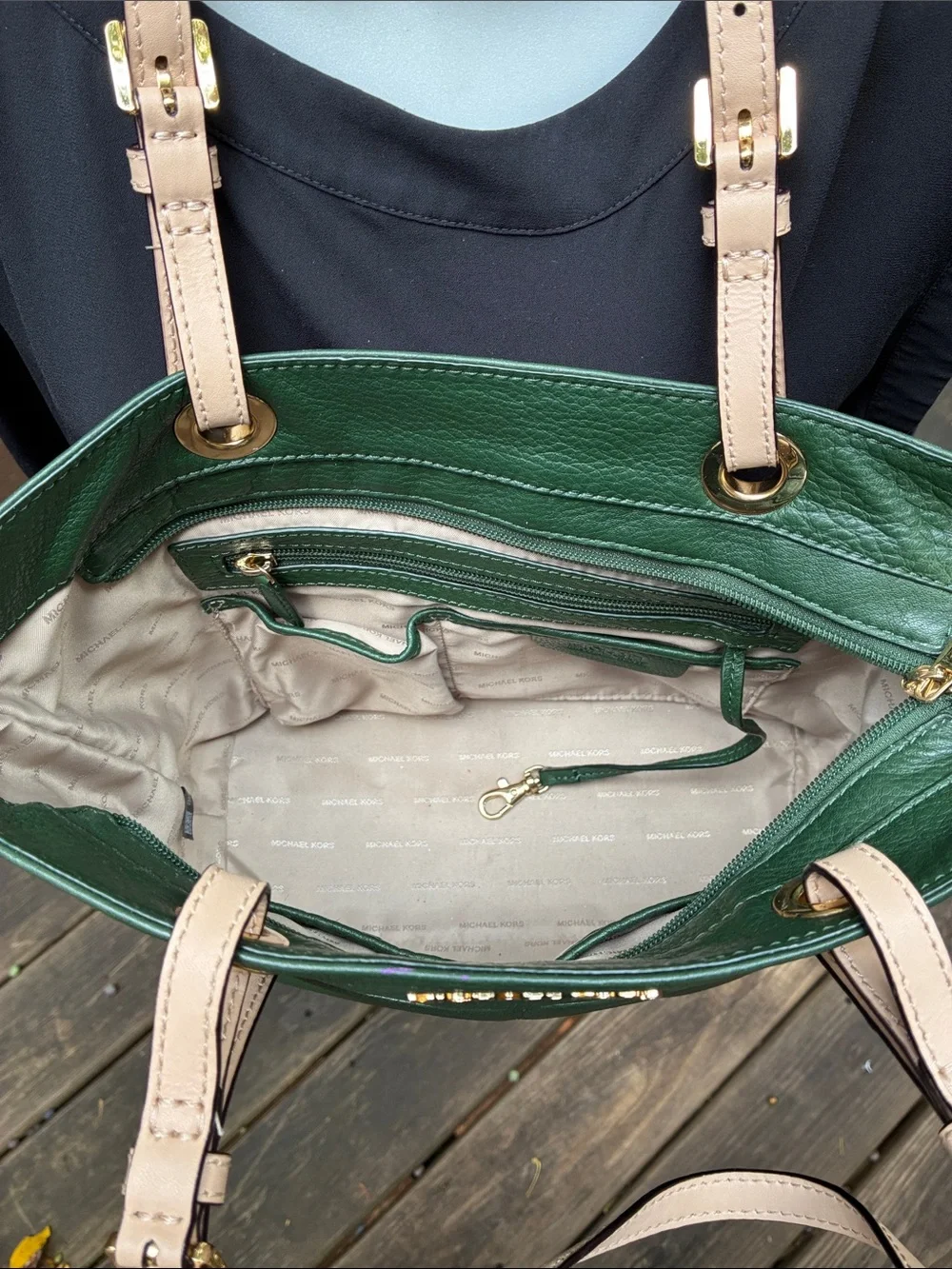 Michael Kors Green Leather Medium Tote with Tan Straps